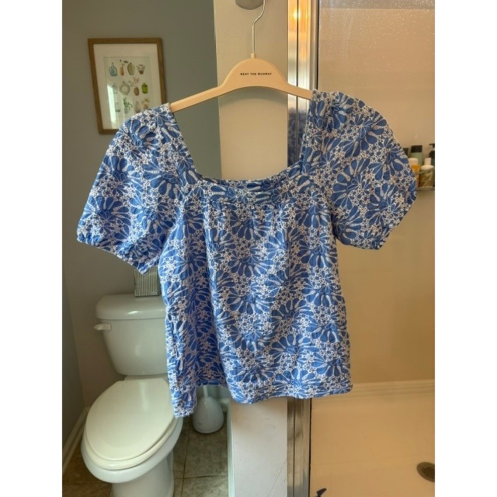 LOFT Women's Small Blue White Eyelet Floral Puff Sleeve Cotton Top
